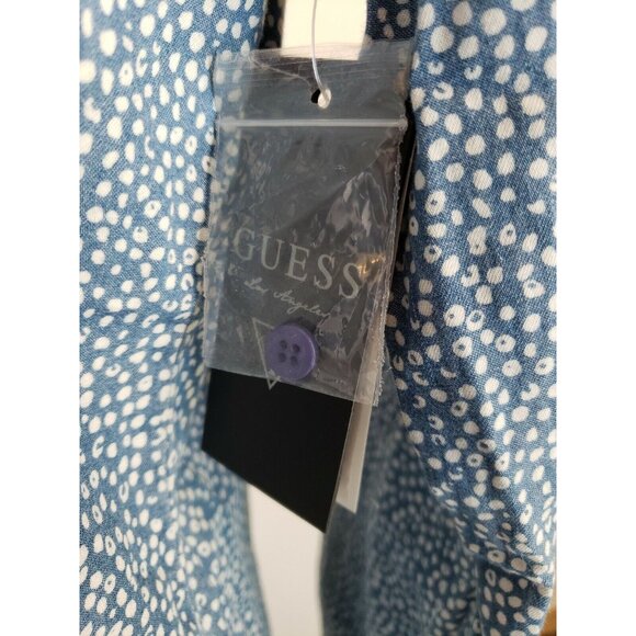 Guess 1981 Denim Top Womens XS Blue Polka Dot Shirt 100% Cotton Chambray Long - Picture 10 of 12